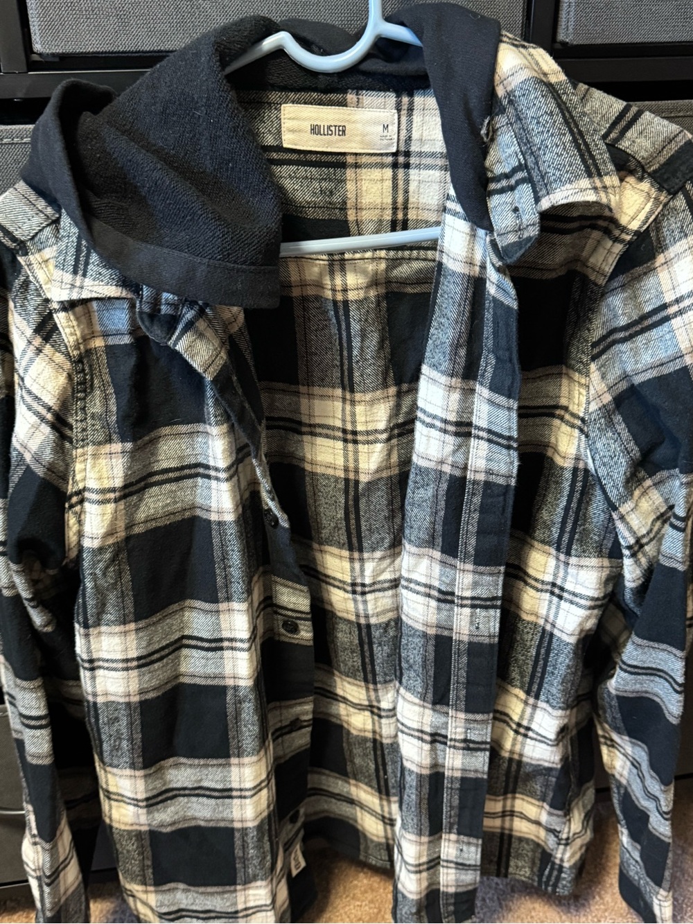 Hollister Black and Cream Plaid Hooded Shirt